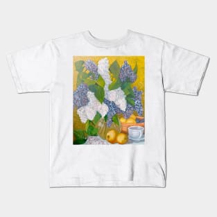 Still life with a bouquet of lilacs and fruits Kids T-Shirt